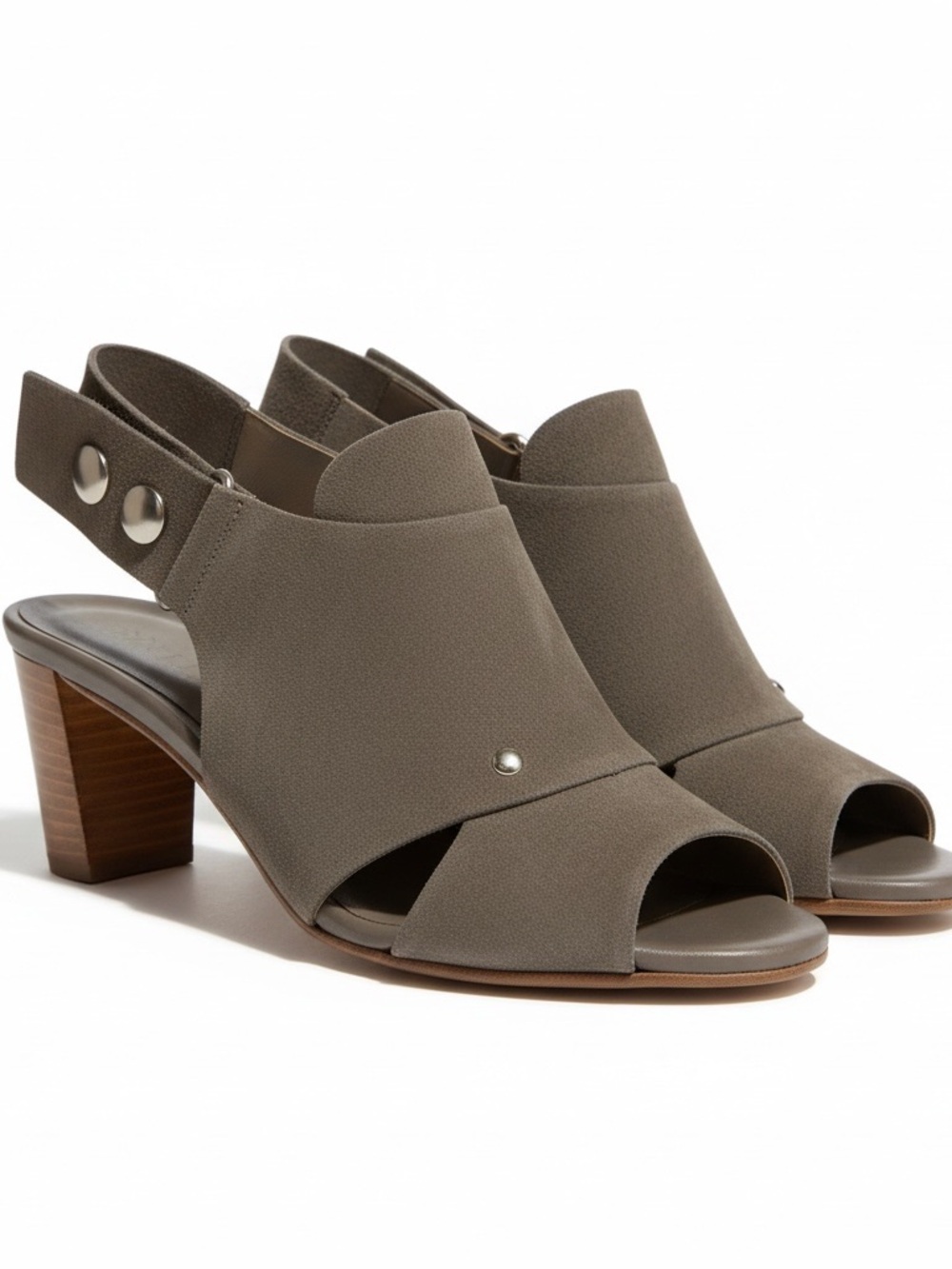 Anyi Lu Athena Suede Snap Slingback Peep Toe Block Heel Sandals Cinder Grey